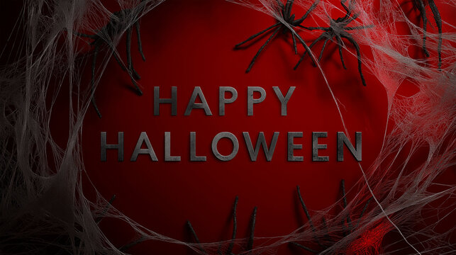 Happy Halloween greeting with spiders: A chilling Halloween-themed composition against a dark backdrop, festooned with cobwebs and spiders, epitomizing the spookiness of the season.