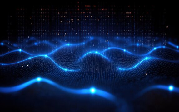 Abstract digital landscape with glowing blue wave patterns and cascading binary code digits creating a futuristic technology atmosphere