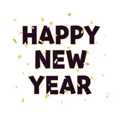 Happy New Year text with golden confetti on white background