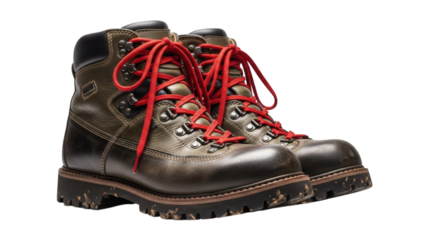 Rugged Hiking Boot: A close-up shot of durable hiking boot with striking red laces. ready for adventure, sturdy construction and classic design, hinting at journeys and exploration.