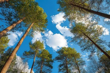 View looking up at tall green pine trees against a bright blue sky with scattered white clouds on a sunny day