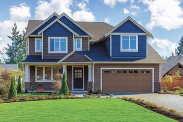 Obraz premium Modern two-story suburban house with blue and beige exterior, a well-manicured green lawn, shrubs, and a driveway under a partly cloudy sky
