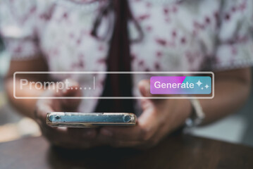 Person using smartphone with AI prompt and generate button interface, concept of artificial...