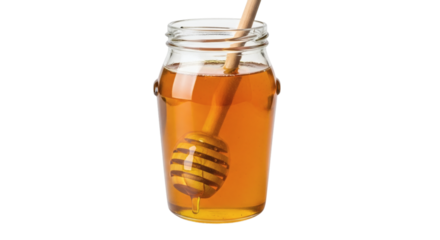 Sweet Golden Nectar: A jar of pure, golden honey glistens with the warm glow, inviting you to experience its natural sweetness. Featuring a wooden honey dipper immersed within.