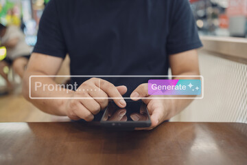 Person using smartphone with AI prompt and generate button interface, concept of artificial intelligence, creativity, and digital technology in everyday life.