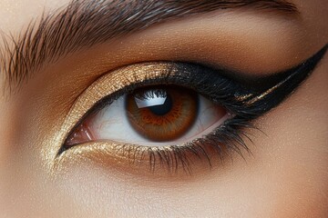 Obraz premium Close-up of a human eye with brown iris featuring detailed eyelashes and bold metallic gold and black eyeliner makeup creating a striking and glamorous look
