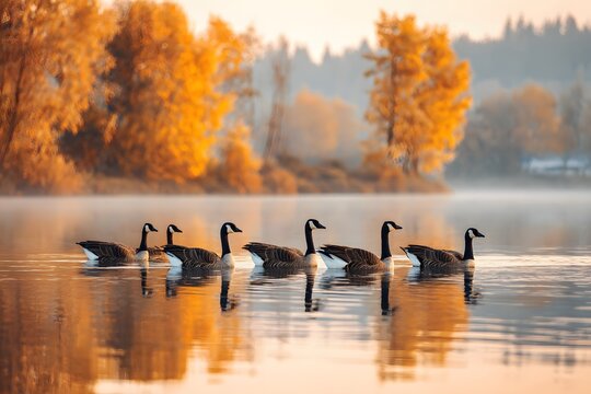 Flock of geese swimming on lake in autumn forest.