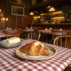 A golden French croissant topped with melting butter, highlighting flaky layers, rich flavor