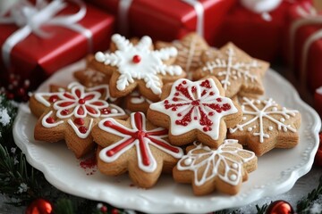 Plate of assorted decorated star-shaped gingerbread cookies with white and red icing surrounded by festive holiday decorations and wrapped gifts