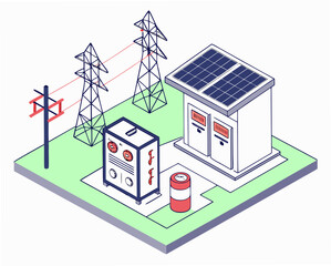 Obraz premium Custom isometric diagram of solar plant with solar cell modules, mounting structures, wiring, and electrical components in isolated vector format.