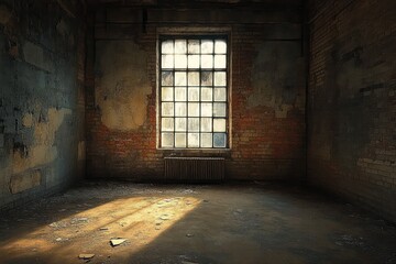 Obraz premium Abandoned empty room with worn brick and plaster walls illuminated by soft sunlight coming through a large grid window, creating a quiet, melancholic atmosphere