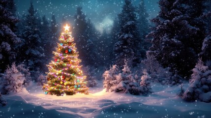 Naklejka premium Glowing decorated Christmas tree in snowy forest at night with falling snowflakes creating a magical winter holiday scene