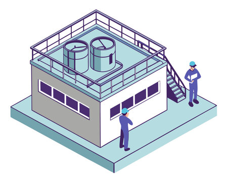 isometric factory building with workers, blue tones clip art preview