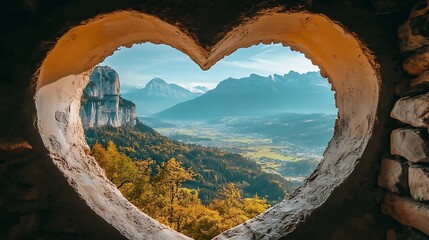 A heart-shaped window with a scenic mountain view