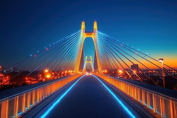 Obraz premium Illuminated modern cable-stayed bridge at dusk with blue and orange lights and city skyline in the background