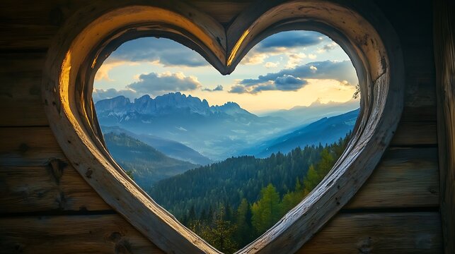 A heart-shaped window with a scenic mountain view