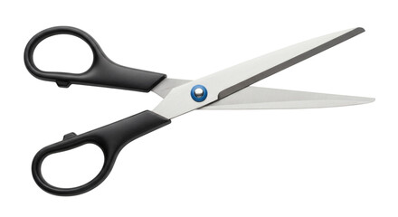 Fototapeta premium Open steel scissors with black handles on black background provides a sharp, precise, and clean imagery