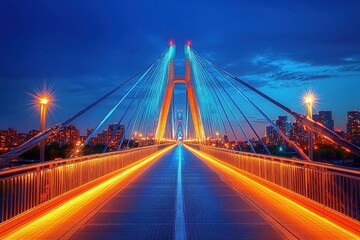 Illuminated modern suspension bridge with glowing orange and blue lights during twilight with city skyline in background and dramatic cloudy sky
