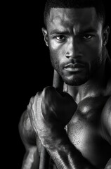Fototapeta premium Close-up of intense muscular man holding a pole, showing sweat and determination in monochrome with dramatic lighting