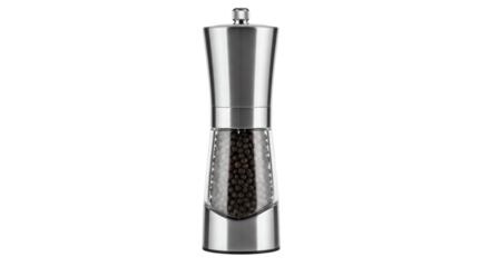 Sleek stainless steel pepper grinder filled with peppercorns isolated on a black background, showcasing modern kitchenware