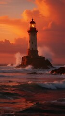 Naklejka premium Lighthouse Standing Resiliently Against a Dramatic Sunset Over the Ocean