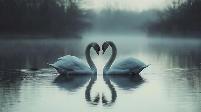 A pair of swans forming a heart with their necks