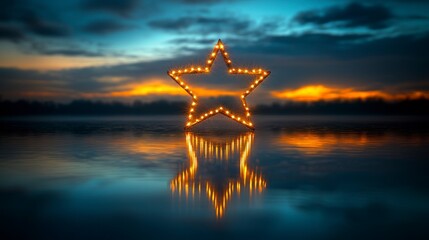 Mirrored Holiday Star Installation with Lights Reflecting on Calm Water at Sunset