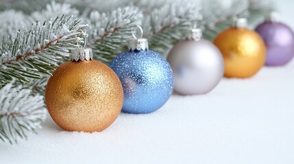 Futuristic Christmas Decor with Holographic Colors and Elegant Ornaments Amidst a Snowy Background