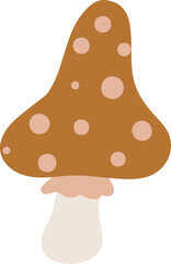 Whimsical brown mushroom illustration with polka dots. Cute forest fungi vector graphic for nature, autumn, and botanical designs.