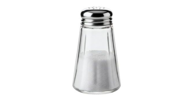 Elegant salt shaker filled with seasoning sparkles against a sleek black backdrop in a studio shot