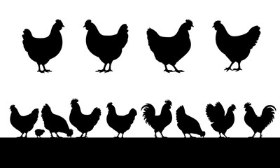 Silhouettes of hen and chickens. Vector illustration. Isolated on white background.