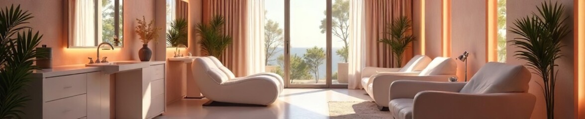 Relaxing atmosphere in a modern beauty salon, featuring sleek furniture, soft lighting, and pristine equipment Ready for a pampering experience , waxing, bright, mirrors