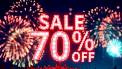 Glowing neon sign showing Sale 70% off with vibrant fireworks in the night sky, representing huge discounts, festive shopping promotions, and seasonal deals. - Powered by Adobe