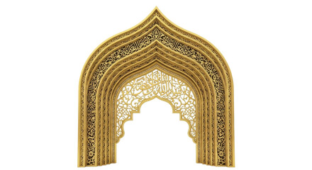Ornate golden archway with intricate patterns and layered design, isolated on a white background.