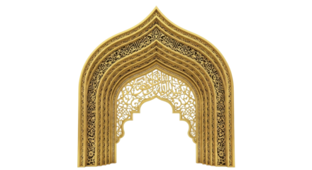 Ornate golden archway with intricate patterns and layered design, isolated on a white background.