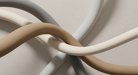 Intertwined, curved, matte-finish tubes in neutral tones of beige, gray, and off-white overlapping against a light background, creating an abstract composition.