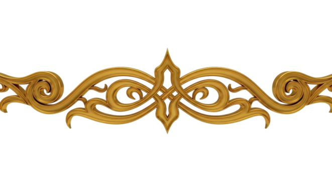 An elegant, symmetrical gold ornament with intricate classical scrollwork, isolated on a white background.