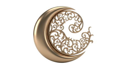 An ornate golden crescent moon symbol with intricate, swirling filigree patterns on a white background.