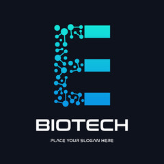 A modern and futuristic logo design for biotech and technology companies, featuring a stylized letter "E" with an abstract molecule or DNA structure. The design uses a dynamic blue gradient, symbolizi