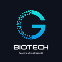 A modern and futuristic logo design for biotech and technology companies, featuring a stylized letter "G" with an abstract molecule or DNA structure. The design uses a dynamic blue gradient, symbolizi