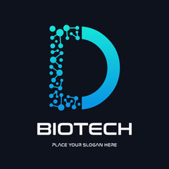 A modern and futuristic logo design for biotech and technology companies, featuring a stylized letter "D" with an abstract molecule or DNA structure. The design uses a dynamic blue gradient, symbolizi