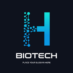 A modern and futuristic logo design for biotech and technology companies, featuring a stylized letter "H" with an abstract molecule or DNA structure. The design uses a dynamic blue gradient, symbolizi