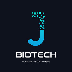 A modern and futuristic logo design for biotech and technology companies, featuring a stylized letter "J" with an abstract molecule or DNA structure. The design uses a dynamic blue gradient, symbolizi