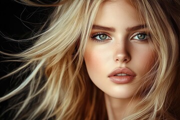 Fototapeta premium Close-up portrait of a young woman with flowing blonde hair and striking green eyes gazing intensely, showcasing flawless skin and natural makeup against a dark background