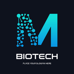 A modern and futuristic logo design for biotech and technology companies, featuring a stylized letter "M" with an abstract molecule or DNA structure. The design uses a dynamic blue gradient, symbolizi