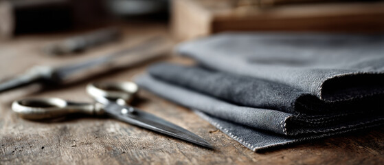 Folded denim fabric with scissors on rustic wooden table