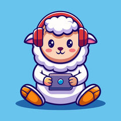 Cute sheep wearing headphones playing tablet cartoon