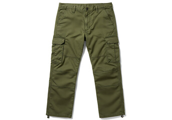 Olive green cargo pants lying on white surface, showcasing pockets and details, creating a practical and utilitarian vibe.