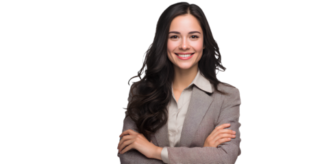 a happy woman in professional attire using her laptop, isolated on a transparent background