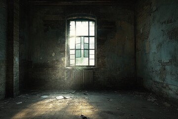 Obraz premium Sunlight streaming through a broken window illuminates the dusty, abandoned brick-walled room with peeling paint and scattered debris, evoking a somber and forgotten atmosphere